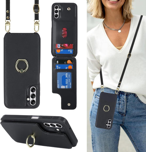 for Samsung Galaxy A13 5G Case with Card Holder and Strap for Women,Crossbody Lanyard,Ring Stand,Snap Clasp,Phone Wallet Cases 6.5 inch(Black)......