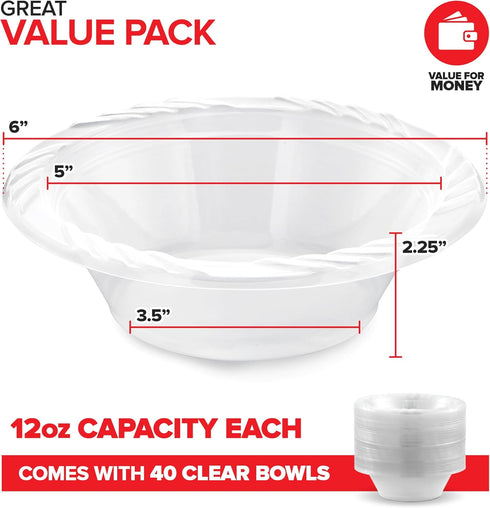 40 Pack 12 oz Elegant Clear Plastic Bowls for Parties Small Disposable Bowl for Fancy Dinner or Cocktail Party, Soup and Salad, Thick and Sturdy...