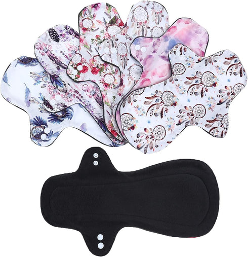 7PCS Pack Reusable Washable Incontinence Cloth Pads Including 6PCS Heavy Flow Feminine Hygiene Bamboo Charcoal Cloth Sanitary Pads Reusable Menstr...