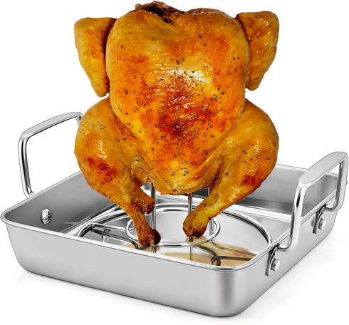 P&P CHEF Beer Can Chicken Holder with Roasting Pan Set, 9-inch Stainless Steel Square Baking Pan and Chicken Rack For Grilling, Heavy Duty & Dishw...