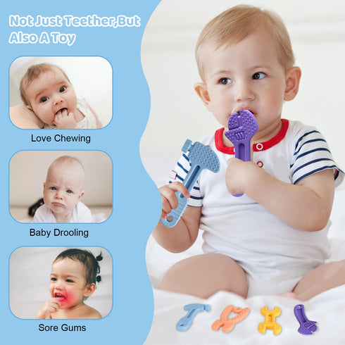 4 Pack Chew Baby Teething Toys for 0-12 Months, Freezable BPA Free Silicone Baby Molar Teether Chew Toys, Hammer Wrench Spanner Pliers Shape Baby ...