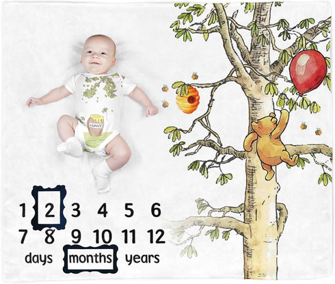 The Pooh Bear and Honey Baby Monthly Milestone Blanket, Gift Stuff for Newborn Baby Boy & Girl Photo Taken - Baby Age Blanket with 2 Frame...