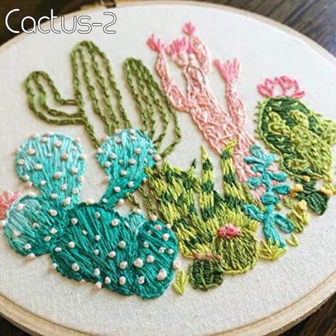 Highkick Embroidery Starter Kits for Adults Beginners with Stamped Pattern, Embroidery Floss + Needles + Hoop, Cactus Series, 3 Pack...