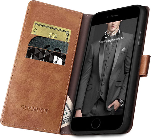SUANPOT Flip Book Phone Case for iPhone 7 Plus/8 Plus 5.5" with RFID Blocking Leather Wallet Case, Credit Card Holder, Shockproof Cover, Brown...