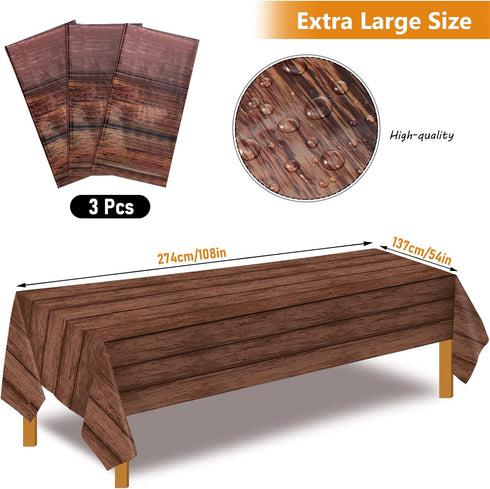 Irenare 3 Pieces Wood Grain Tablecloth Western Tablecloths Rustic Plastic Table Covers Rectangular Table Decoration for Barbecue Fall Autumn Weste...
