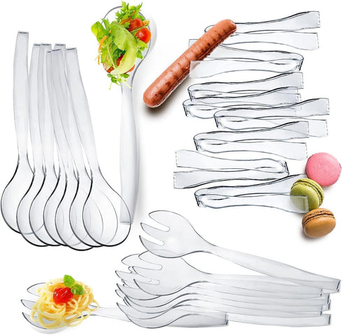 VeZee's Plastic Serving Utensils, Clear Heavy Duty Disposable utensil | Set 10" Spoons 10" Forks | 3 Each in One Set| 6 Pcs...