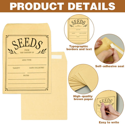 100Pcs Seed Envelopes, Seed Envelopes Resealable Brown Paper Seed Packets Envelopes Self Adhesive Sealing Seed Saving Envelopes Paper Seed Envelop...