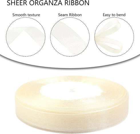 Ivory Sheer Organza Ribbon for gift wrapping 5/8 inch 50 Yards Chiffon Ribbon for Flower Bouquet Crafts ribbon for Wedding, Wreaths, Invitations D...