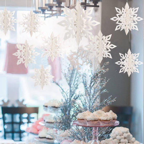 Winter Wonderland Frozen Party Snowflakes Decorations White 12pcs Hanging 3D Paper Snowflakes and Snowflake Garland for Christmas Birthday Party D...