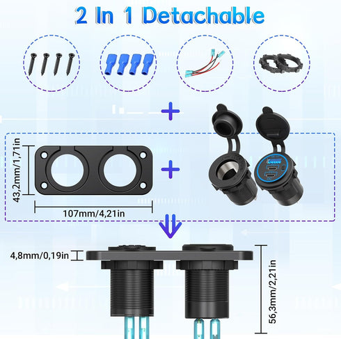 Cigarette Lighter Socket Qidoe 12V Splitter Panel 78W 12V USB Outlet Dual USB C PD&QC3.0 Car Charger Socket ON/Off Switch Waterproof 300W Power Ci...