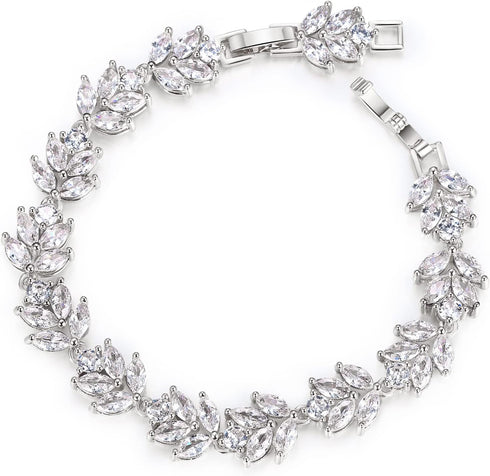 EVER FAITH Wedding Jewerly Hand Accessory Prong Cubic Zirconia Birthstone Marquise Leaf Elegant Tennis Bracelet...