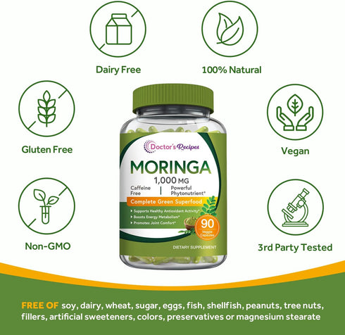 Doctor's Recipes Moringa Capsules, Made with Moringa Powder Organic, 10,800 mg Strength Per Serving, 50:1 Extract, Green Superfood, Skin, Immune &...