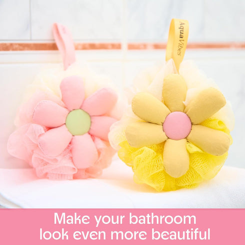 Bath Loofah Sponge- Mesh Pouf Flower Shaped Body Scrubber, Duo Pack – Exfoliating Shower Sponge for Women, Gift in Beauty Bathing Accessories...