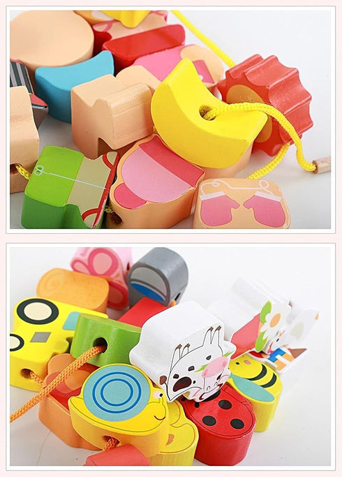 Lacing Farm Toy Wooden Block Set, Early Educational Toys String & Lacing Beads Games for Toddlers Kids Farm Animal Learning Play Set (16 Pieces)...