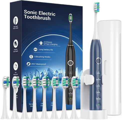 Electric Toothbrush Set IPX7 with 8 Brush Heads, Sonic Toothbrush for Adults Rechargeable with Travel Case, 2.5 Hours Charge for 120 Days, 5 Modes...