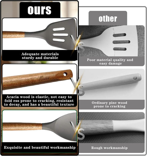 Kitchen Utensils Set, Silicone Cooking Utensils Set,Non-Stick Silicone Spatula Set with Natural Acacia Hard Wood Handle, 5 Piece, Upgraded Thicken...