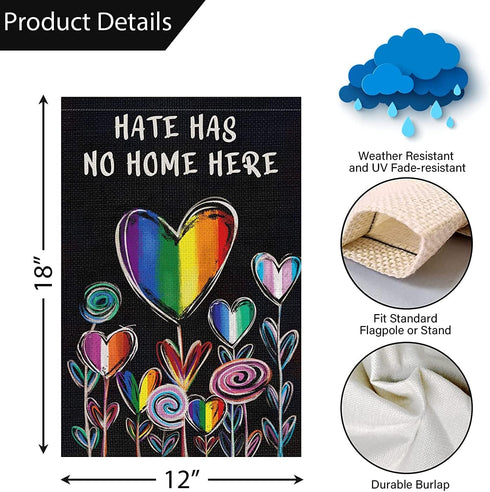 Hate Has No Home Here Pride Garden Flag 12x18 Double Sided Burlap, Small Rainbow Love Heart Gay Lesbian LGBT Pansexual Garden Yard Flags Sign Bann...