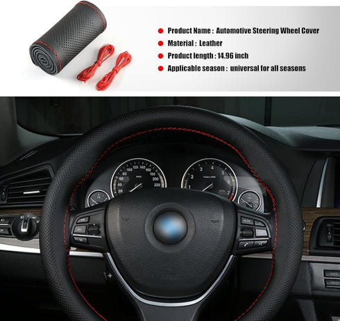 1 PC Car Steering Wheel Protector Cover, 14.96" Hand-Stitched Leather Sweat-Absorbent Steering Wheel Cover Tie with Air Hole, Motors Comfort Touch...