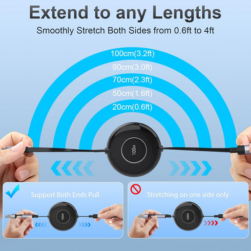 100W Retractable USB C Cable, USB A/USB C to USB C PD 5A Fast Charging Cord with Data Transfer, 100W USB C Retractable Phone Charger for iPhone 15...