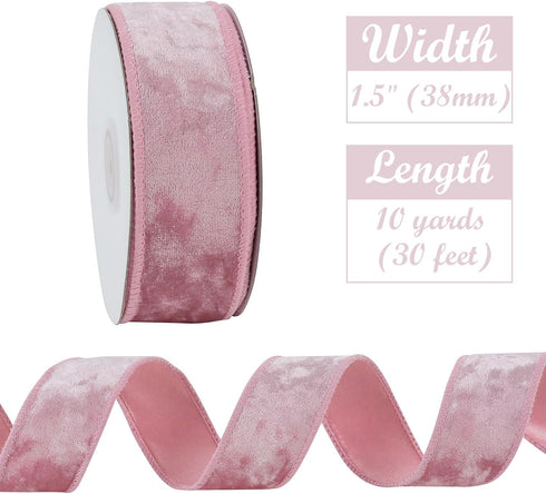 HUIHUANG Pink Velvet Wired Ribbon 1-1/2", Light Pink Velvet Wire Ribbon for Easter Wreath Supplies, Bows Making, Garland, Gift Wrapping, Spring De...