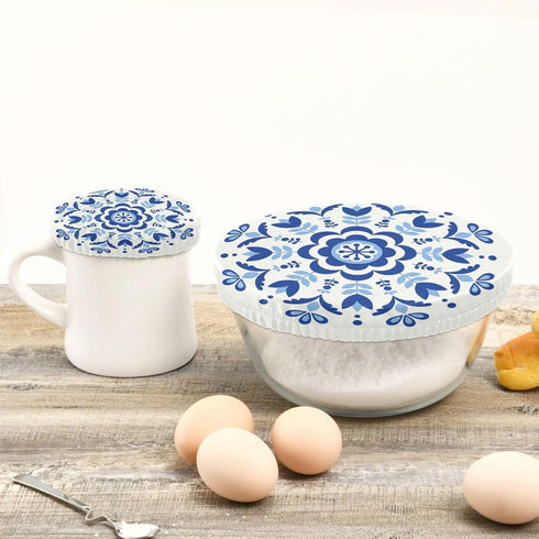 Reusable Stretchy Bowl Covers 5 Pieces, Circle Floral Blue Food Storage Container Elastic Covers, Dough Covers Reusable Fabric Covers for Bread Pr...