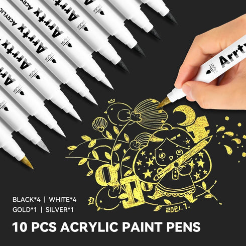 Arrtx Acrylic Paint Pens, 10 Pack Extra Brush Tip White Paint Markers Metallic for Rock Fabric Wood Glass Canvas Ceramic, 4 White 4 Black 1 Gold &...