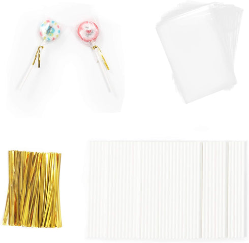 Dycica 300PCS Cake Pop Sticks & Cellophane Treat Bags & Twist Ties, OPP Bags Candy Ties Paper Sticks Kit Set for Candy Cake Pop Chocolate Cookie W...