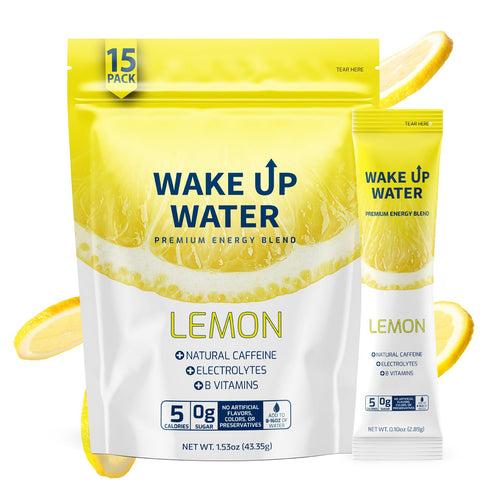 Wake Up Water - Energy + Hydration Sugar Free 15 Packet, Lemon Flavor - Energy Drink Powder, Electrolytes Powder Drink, Natural Caffeine Mix Packe...
