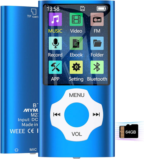 MYMAHDI 64GB MP3 Player with Bluetooth 5.2, LCD Screen Music Player Up to 128GB,MP3 Player for Kids with Music,Video,Voice Record,FM Radio,E-Book ...