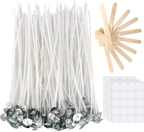 Candle Wicks 100 Pcs 6 inch with 30Pcs Candle Wick Stickers and 10 Pcs Wooden Candle Wick Centering Device for Soy Beeswax Candle Making and Candl...