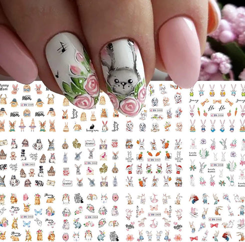 12 Sheets Rabbit Nail Stickers Animal Water Transfer Nail Decals Holographic Art Sticker Decal Rabbit Butterfly Flower Nail Art Design for Women G...