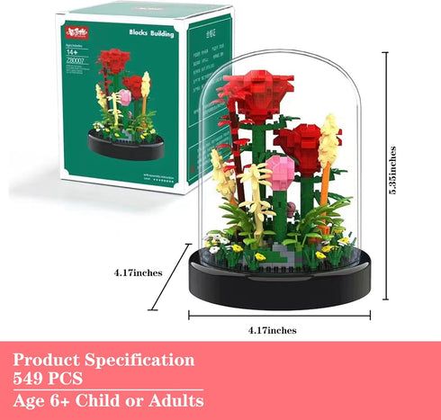 Flower Bouquet Building Set, 549PCS Red Rose Mini Flowers Building Blocks, Decorated Flower with Dust Cover and Lights, Mini Gift Kits for Adults,...