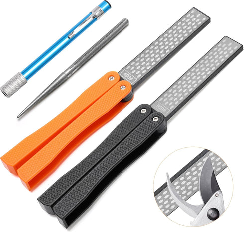 3PCS Garden Tool Sharpener, 2PCS Double-Sided Diamond Knife Sharpener/ 1PCS Retractable Diamond Sharpening Rod, Blade Sharpener Stone Pocket Knife...