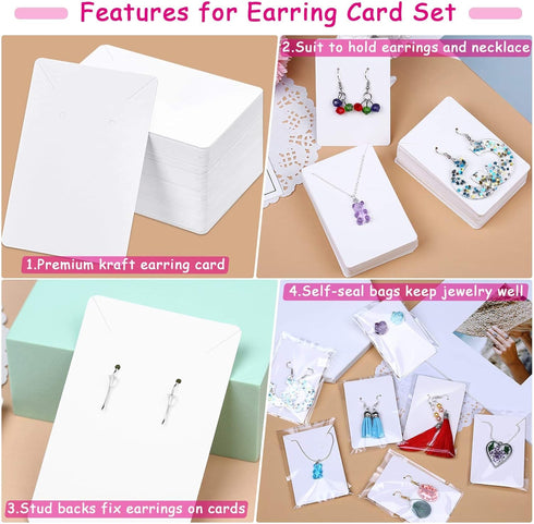Anezus White Earring Packaging Kit - 400 Pcs with Display Cards, Self-Sealing Bags, Earring Backs & Necklace Cards...