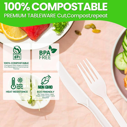 Heavy-duty 100% Compostable Utensils,165 Count 7" Large Disposable Cutlery Utensils Silverware Flatware Fork is Eco Friendly Products for Lounge P...