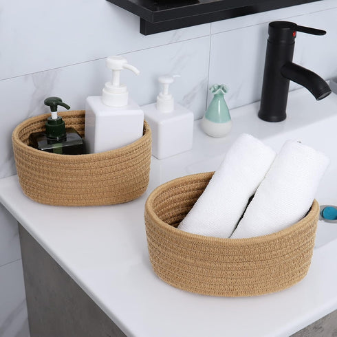?2 Pack?ABenkle Small Woven Baskets, Tiny Oval Shallow Storage Baskets, Mini Cotton Rope Empty Decorative Basket, Boho Little Organizer Bins for B...
