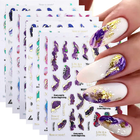 VOTACOS Marble Nail Stickers for Nail Art Nail Decals 3D Self-Adhesive Nail Supplies for Women Nail DIY Design Purple Gold Stripe Line Nail Decora...