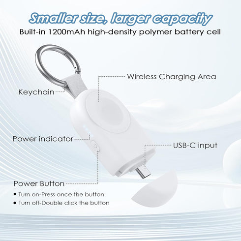 Portable Charger for iWatch 9/8/7/6/5/4/3/2/SE/Ultra/UItra 2 iWatch 1200mAh Wireless Power Bank with Keychain White...