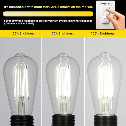 Vintage LED Edison Bulbs, 6W, Equivalent 60W, High Brightness Daylight 5000K, ST58 Antique LED Filament Bulbs with 90+ CRI, E26 Medium Base, Dimma...