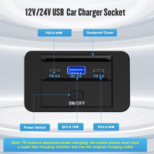 12V RV Type C USB Outlet with Power Switch 78W Dual PD3.0 USB & QC3.0 Quick Charge Socket 12V 24V Car Charger RV Switch Panel Car Charger with Wat...