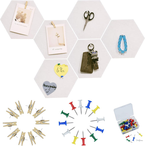6Pcs White Hexagon Bulletin Board Strips,White Felt Pin Board Bar Strips with 50 Pushpins, Self-Adhesive Felt Cork Board Strips for Wall to Displa...