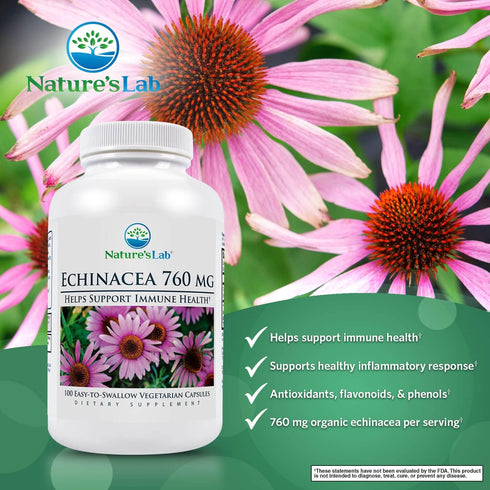 Nature's Lab Echinacea 760mg Dietary Supplement - Powerful All Natural Immune System Support - Non-GMO, Gluten Free - 100 Capsules (50 Day Supply)...