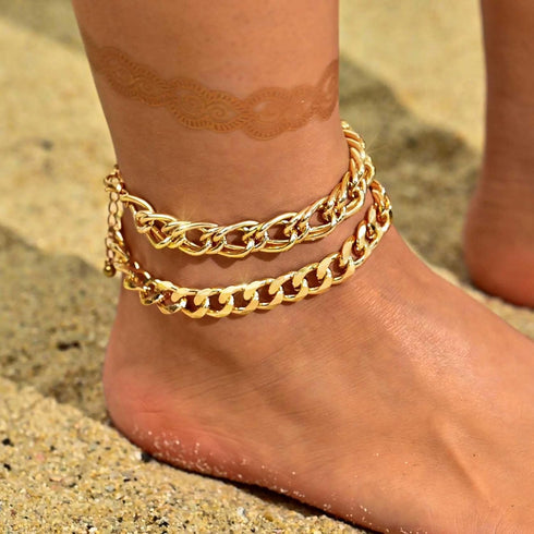 Boho Layered Anklet Gold Chunky Anklets Chain Cuban Link Ankle Bracelets for Women?2PC?...