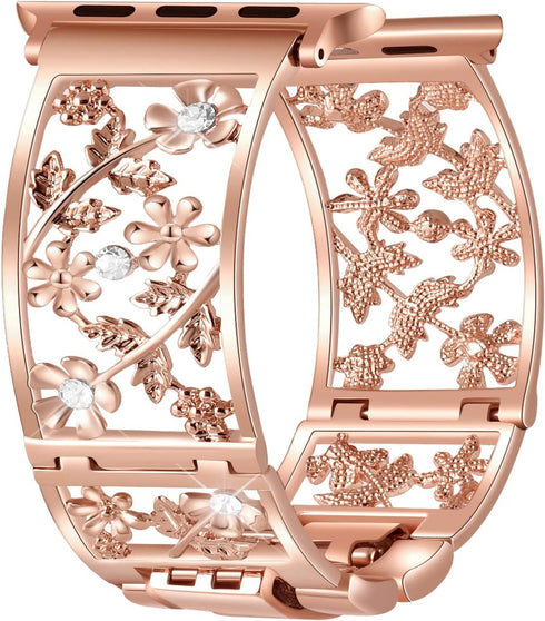 Floral Band Compatible with Apple Watch Jewelry Band 42mm 44mm 45mm 46mm 49mm iWatch Series 10 9 8 7 SE,Bling Crystal Bracelet Hollow Metal Strap,...