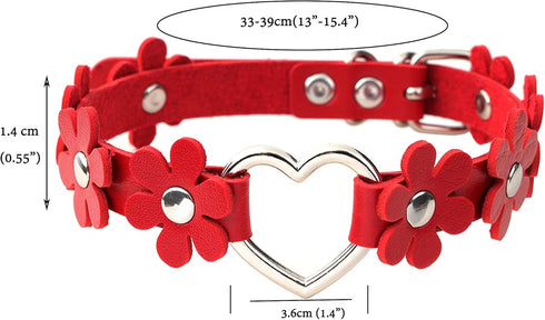 Gothic PU Leather Punk Choker Heart Ring Flower Necklace for Women...