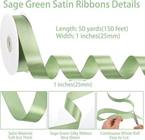 Sage Green Satin Ribbon 1 Inch, 50 Yards Solid Fabric Light Green Ribbon for Gift Wrapping Flower Bouquet Wedding Party and Home Decoration...