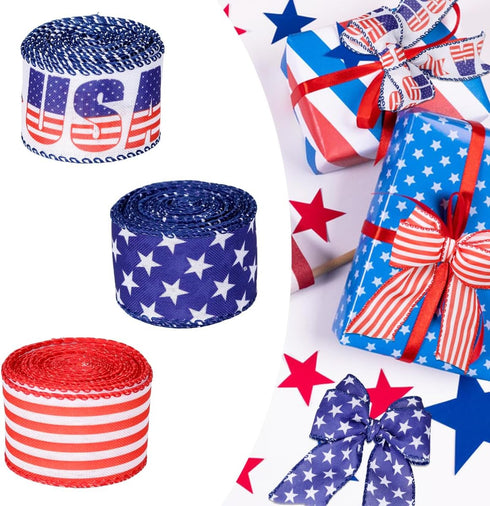 3 Rolls Patriotic Wired Edge Ribbon 9.9 Yard 4th of July Stars and Stripes Ribbons Red White Blue Ribbon for Wrapping Crafts Decoration, Independe...
