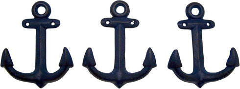 Wowser Nautical Cast Iron Ship Anchor Wall Hooks, 6 Inches, Set of 3 (Blue)...