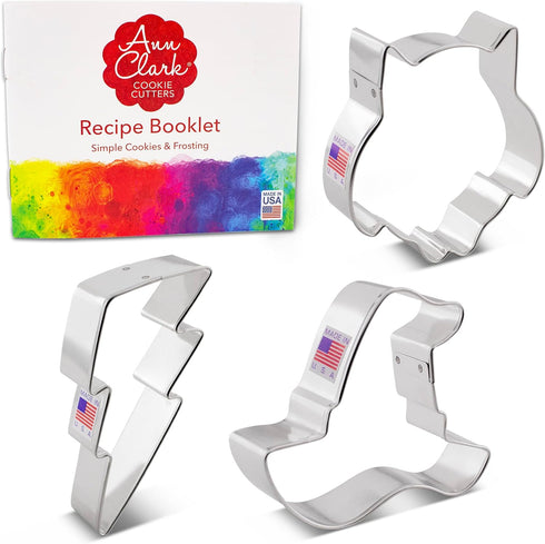 Witchcraft and Wizardry Cookie Cutters 3-Pc. Set Made in the USA by Ann Clark, Witch's Hat, Cute Owl, Lightning Bolt...