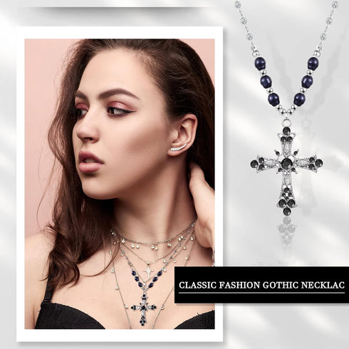 2 Pcs Crystal Cross Necklace Y2k Necklaces Vintage Goth Pearl Necklace Aesthetic Cross Choker Pearl Chain Necklace Gothic Cross Pendant for Women ...